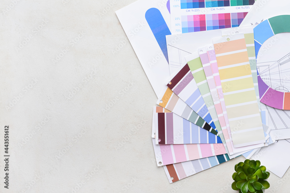 Paint color samples with houseplant on white background