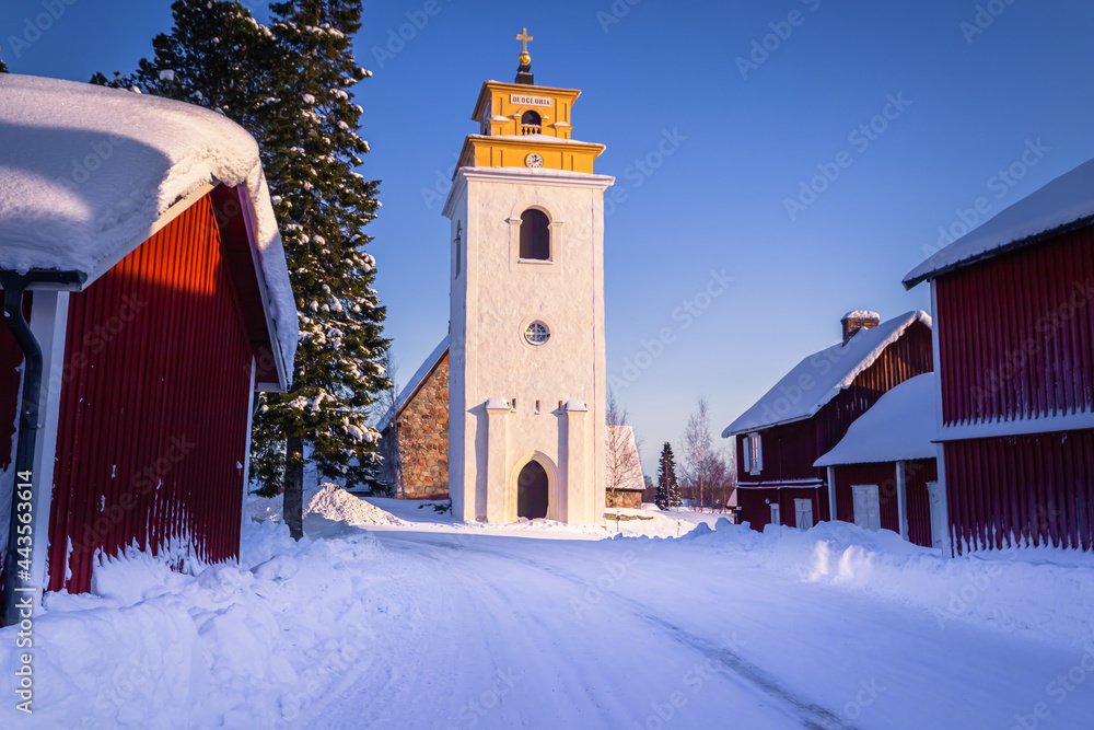 Luleå - February 11, 2021: The old town of Gammelstaden in Luleå, northern Sweden