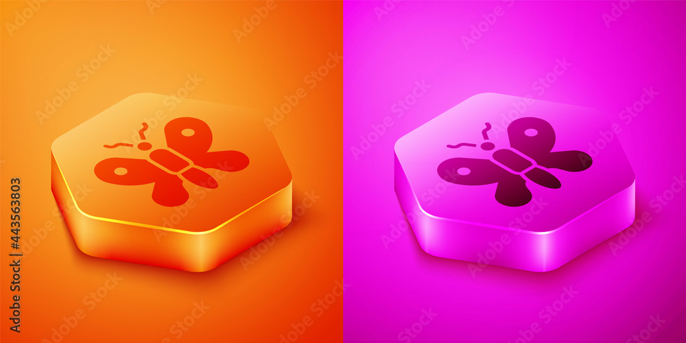 Isometric Butterfly icon isolated on orange and pink background. Hexagon button. Vector