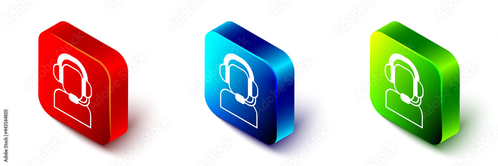 Isometric Man with a headset icon isolated on white background.Support operator in touch.Concept f（等