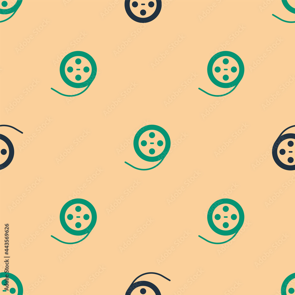 Green and black Film reel icon isolated seamless pattern on beige background. Vector