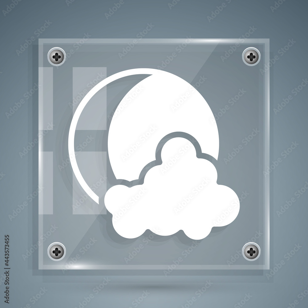 White Moon and stars icon isolated on grey background. Square glass panels. Vector