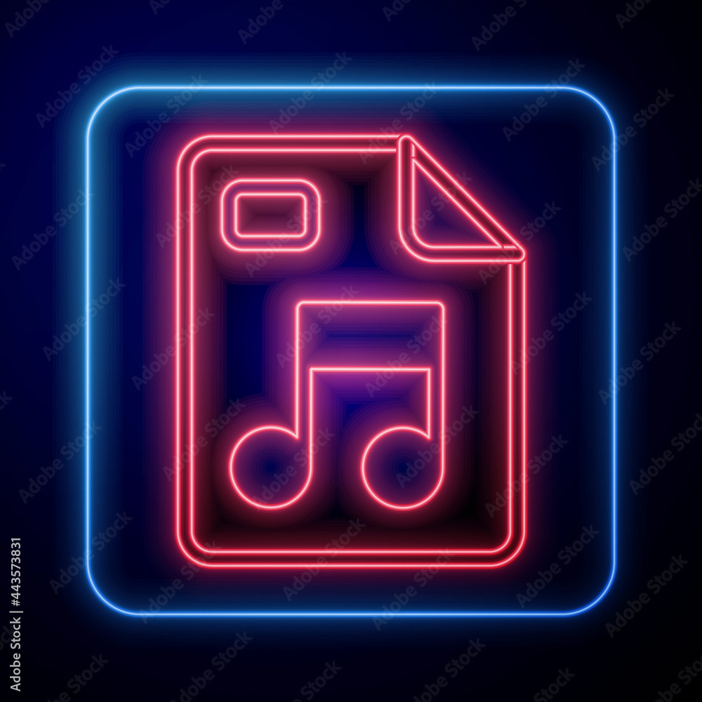 Glowing neon MP3 file document. Download mp3 button icon isolated on black background. Mp3 music for