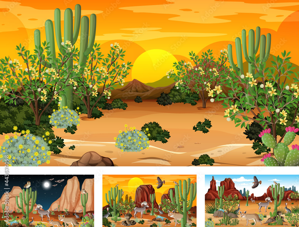 Different scenes with desert forest landscape with animals and plants