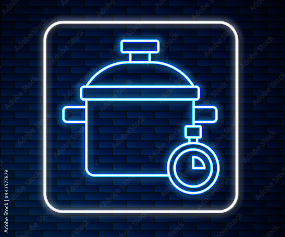 闪闪发光的霓虹灯线烹饪锅图标被隔离在砖墙背景上。煮或炖食物符号。Vect