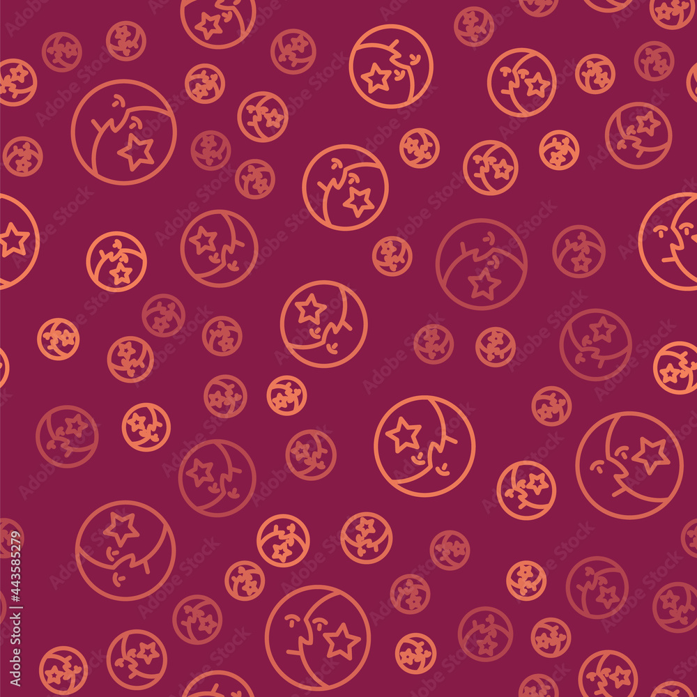 Brown line Moon and stars icon isolated seamless pattern on red background. Vector