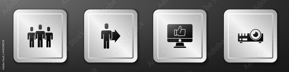 设置用户组、团队负责人、手动和媒体投影仪图标。银色方形按钮。矢量