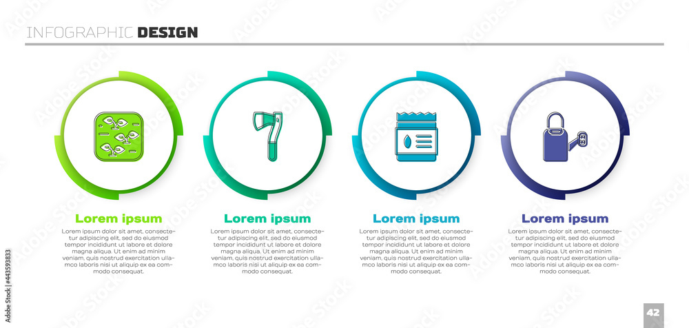 设置植物、木斧、装满植物种子的包装和浇水罐。商业信息图表模板。