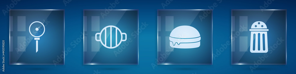 设置厨房温度计、烧烤架、汉堡和盐。方形玻璃面板。矢量