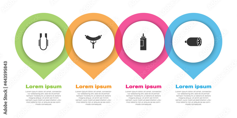 设置肉钳、香肠叉、酱汁瓶和萨拉米香肠。商业信息图模板。Ve