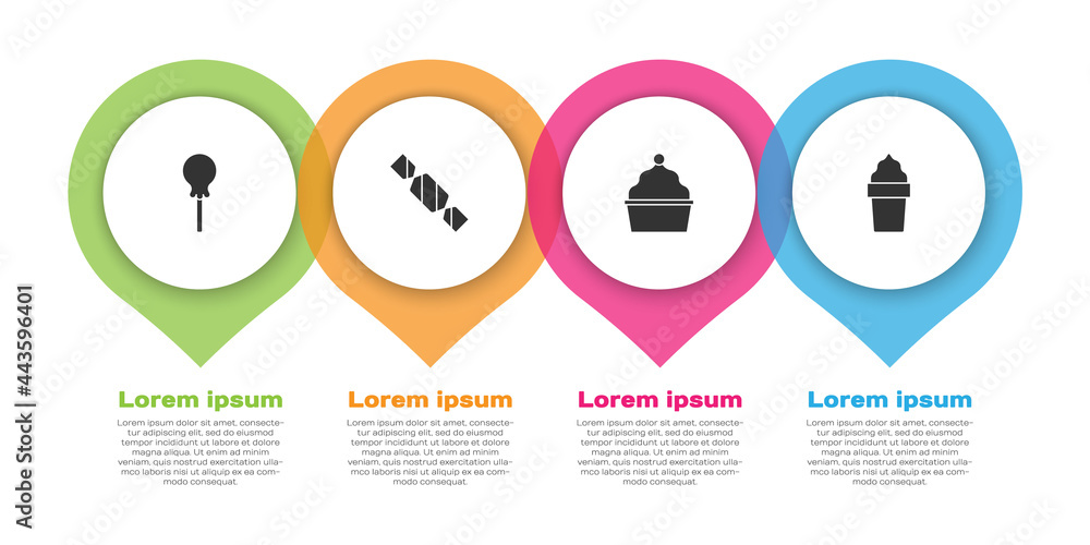 将棒棒糖、糖果、蛋糕和冰淇淋放在华夫饼蛋卷中。商业信息图模板。Vector