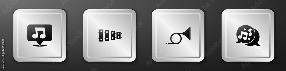 Set Music note, tone, Xylophone, Trumpet and icon. Silver square button. Vector