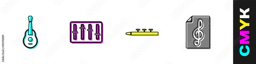 Set Guitar, Sound mixer controller, Drum and drum sticks and Treble clef icon. Vector