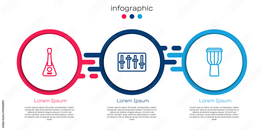 Set line Guitar, Sound mixer controller and Drum. Business infographic template. Vector