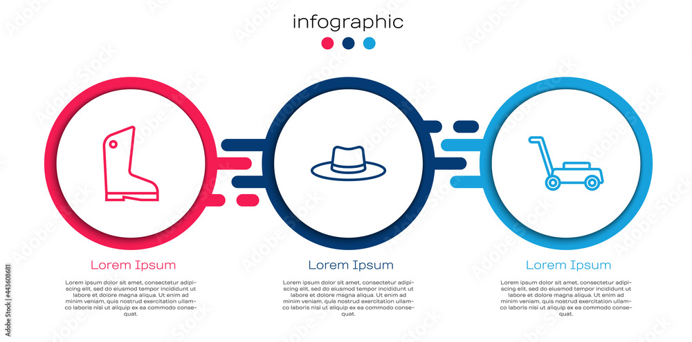 套装橡胶手套、园丁工人帽和割草机。商业信息图模板。矢量