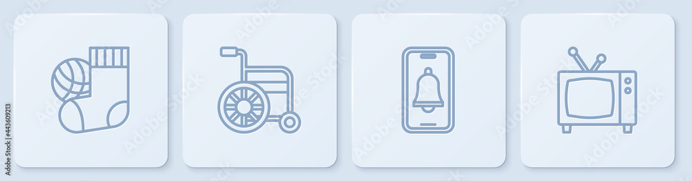 套装袜子，紧急电话，轮椅和复古电视。白色方形按钮。矢量