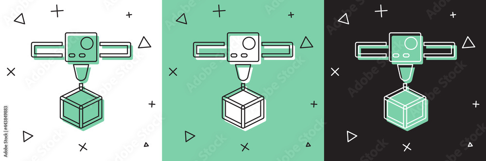 将3D打印机立方体图标隔离在白色和绿色、黑色背景上。3D打印。矢量