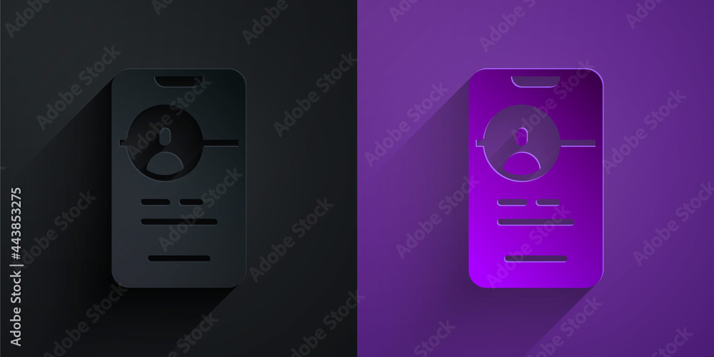 Paper cut Dating app online mobile concept icon isolated on black on purple background. Female male 