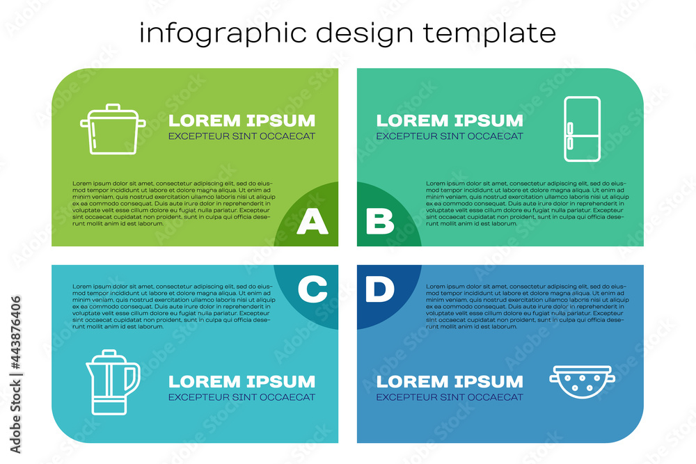 设置线茶壶，烹饪，厨房漏勺和冰箱。商业信息图模板。矢量