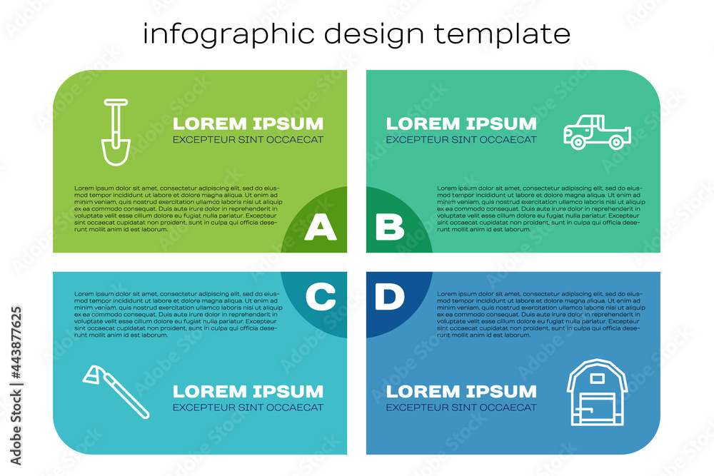 设置线花园锄，铲子，农舍和皮卡。商业信息图模板。矢量