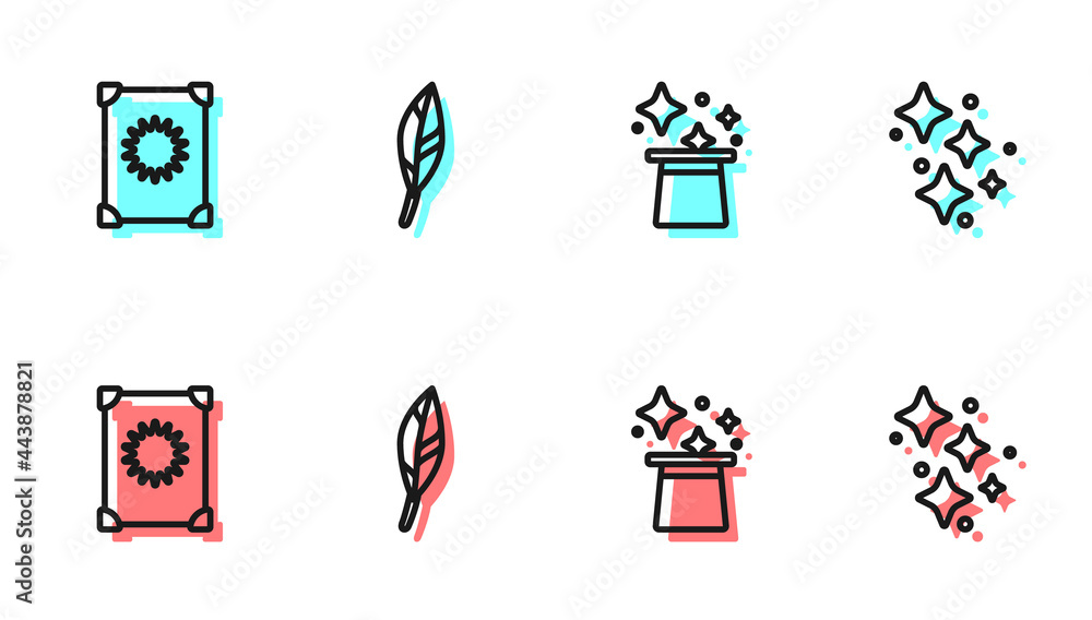 Set line Magic hat, Ancient magic book, feather and Sparkle stars with icon. Vector