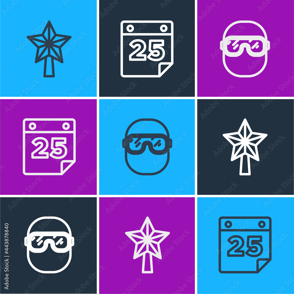 Set line Christmas star, Ski goggles and Calendar icon. Vector