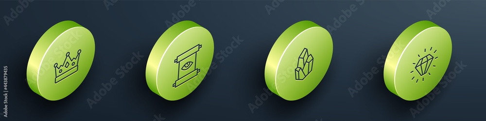 Set Isometric line King crown, Ancient magic scroll, Magic stone and Diamond icon. Vector