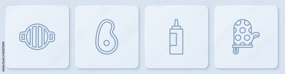 Set line Barbecue grill, Sauce bottle, Steak meat and Oven glove. White square button. Vector