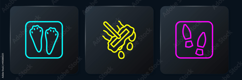 Set line Rabbit and hare paw footprint, Human footprints shoes and Mop. Black square button. Vector