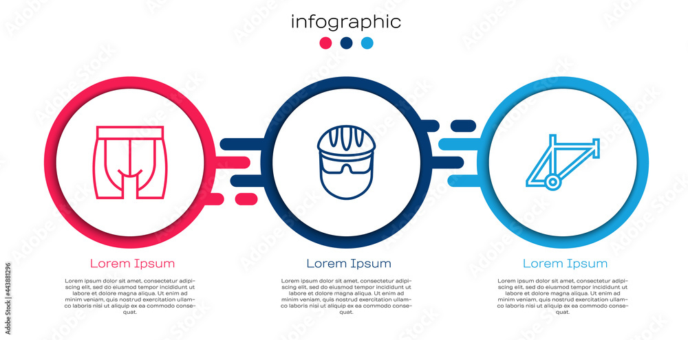 套装骑行短裤、自行车头盔和车架。商业信息图模板。矢量