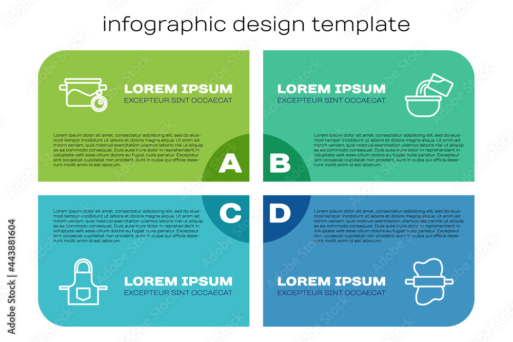 成套厨房围裙、烹饪锅、擀面团和Saucepan。商业信息图模板。