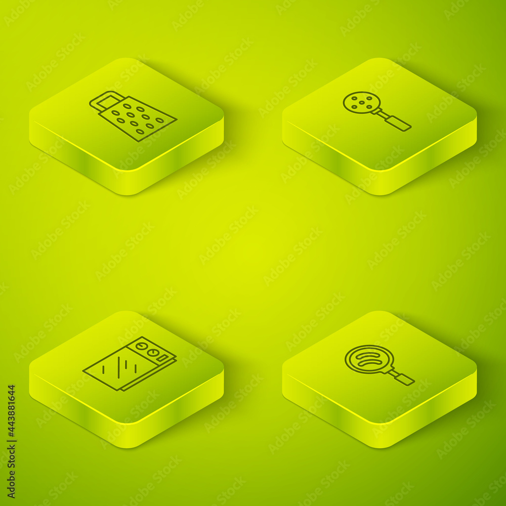 Set Isometric line Spatula, Microwave oven, Frying pan and Grater icon. Vector