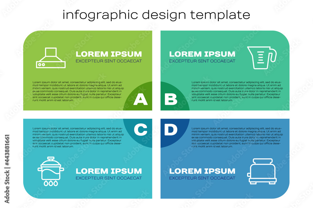Set line Cooking pot, Kitchen extractor fan, Toaster and Measuring cup. Business infographic templat