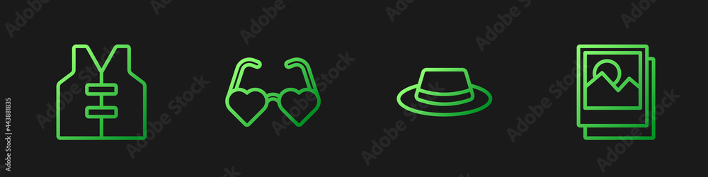 Set line Man hat with ribbon, Life jacket, Heart shaped love glasses and Photo. Gradient color icons