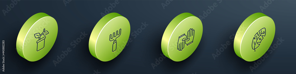 Set Isometric line Plant in pot, Garden rake, Rubber gloves and Tropical leaves icon. Vector