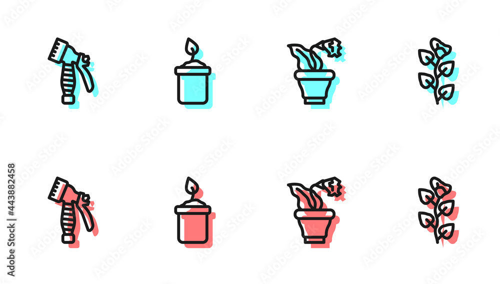 Set line Flower in pot, Water spray bottle, Sprout and Ivy branch icon. Vector