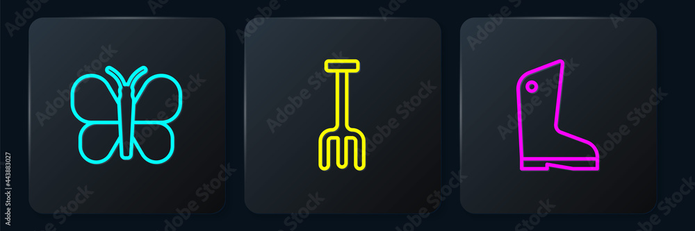 Set line Butterfly, Rubber gloves and Garden rake. Black square button. Vector