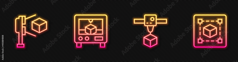 Set line 3D printer cube, scanner with, and Geometric figure Cube. Glowing neon icon. Vector