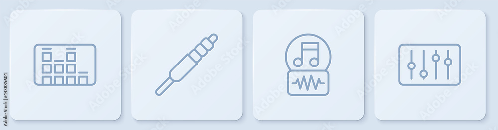设置线路音乐均衡器、音符、音调、音频插孔和混音器控制器。白色方形按钮。Ve