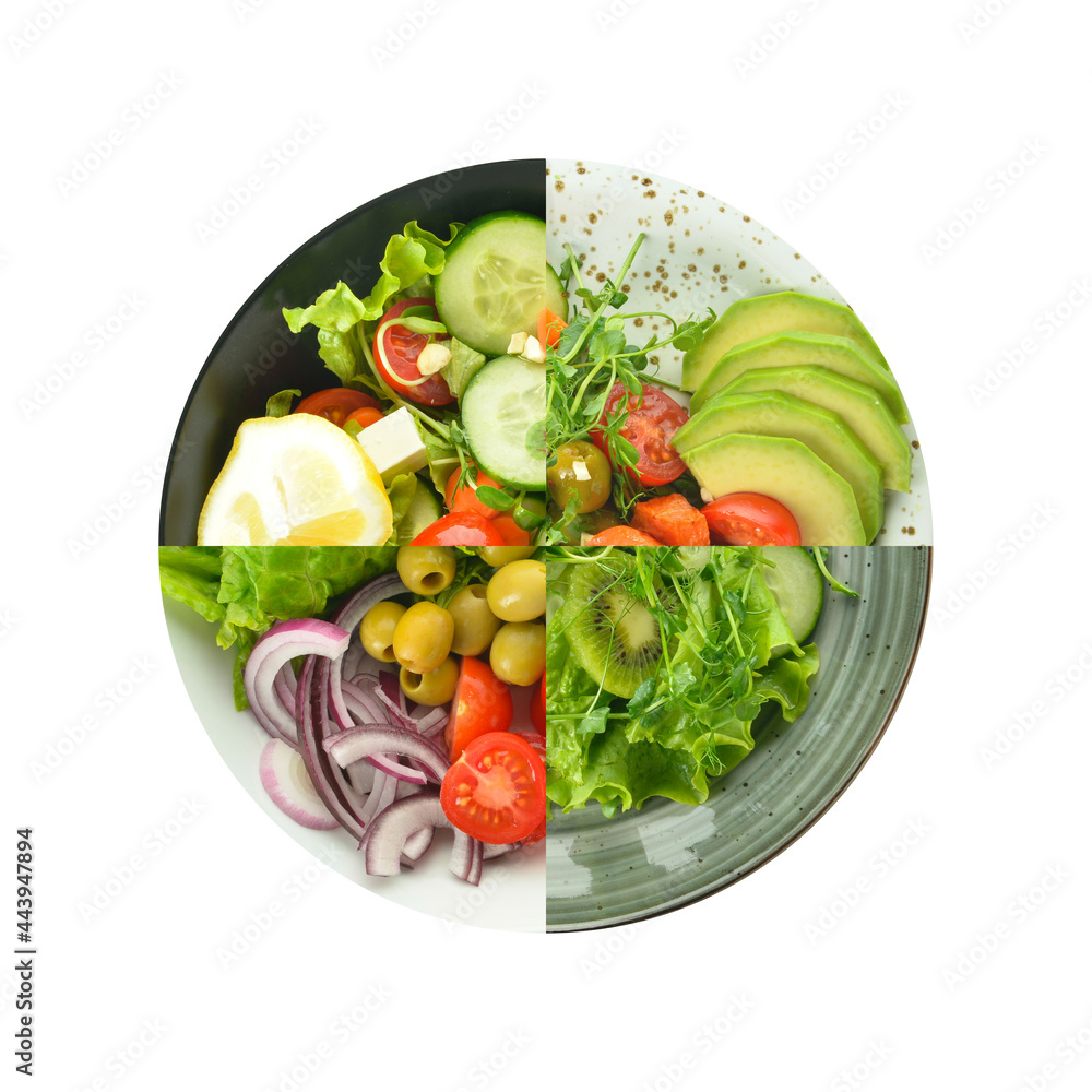 Plate with different healthy salads on white background