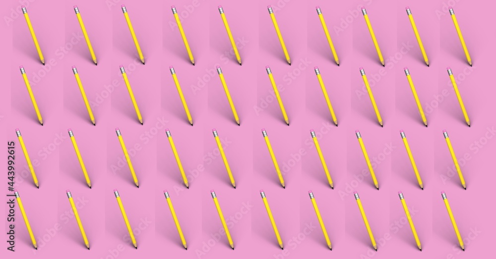 Composition of yellow pencils repeated in rows on pink background