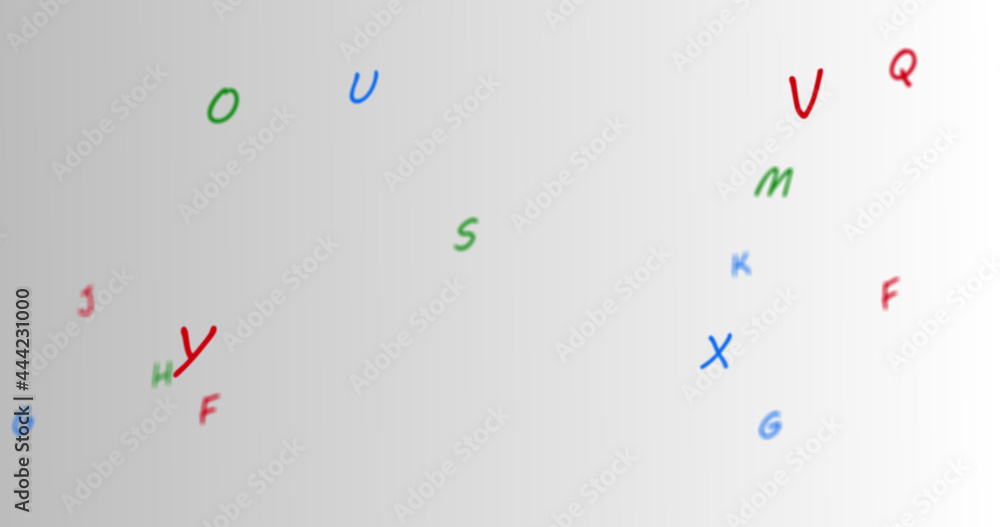 在白色背景下移动的字母表中彩色随机字母的数字图像