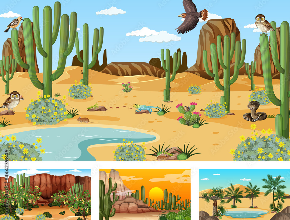 Different scenes with desert forest landscape with animals and plants