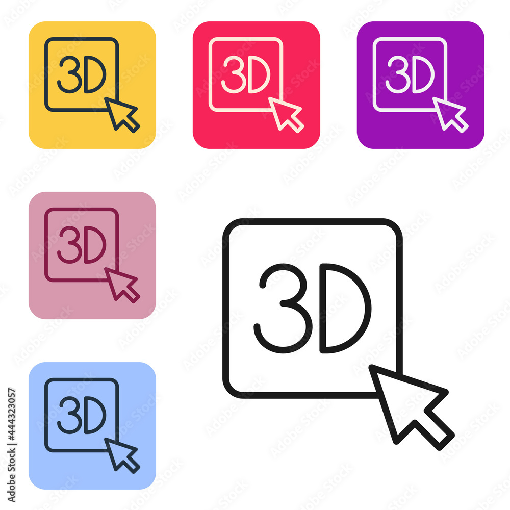 黑色线条3D打印机图标隔离在白色背景上。3D打印。将图标设置为彩色方形屁股