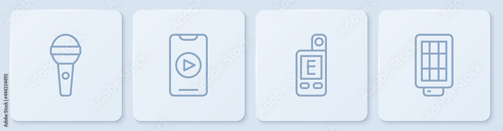 设置线路麦克风、测光表、在线播放视频和软盒灯。白色方形按钮。矢量