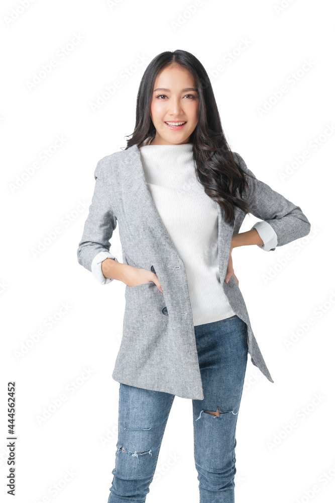 asian smart attractive female woman wear formal cloth business look standing with confident and chee