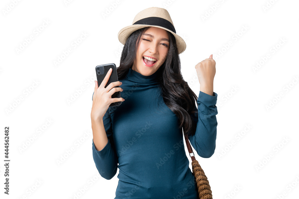 traveller adult attractive cheerful smiling asian female wear casual cloth with hat and purse hand u