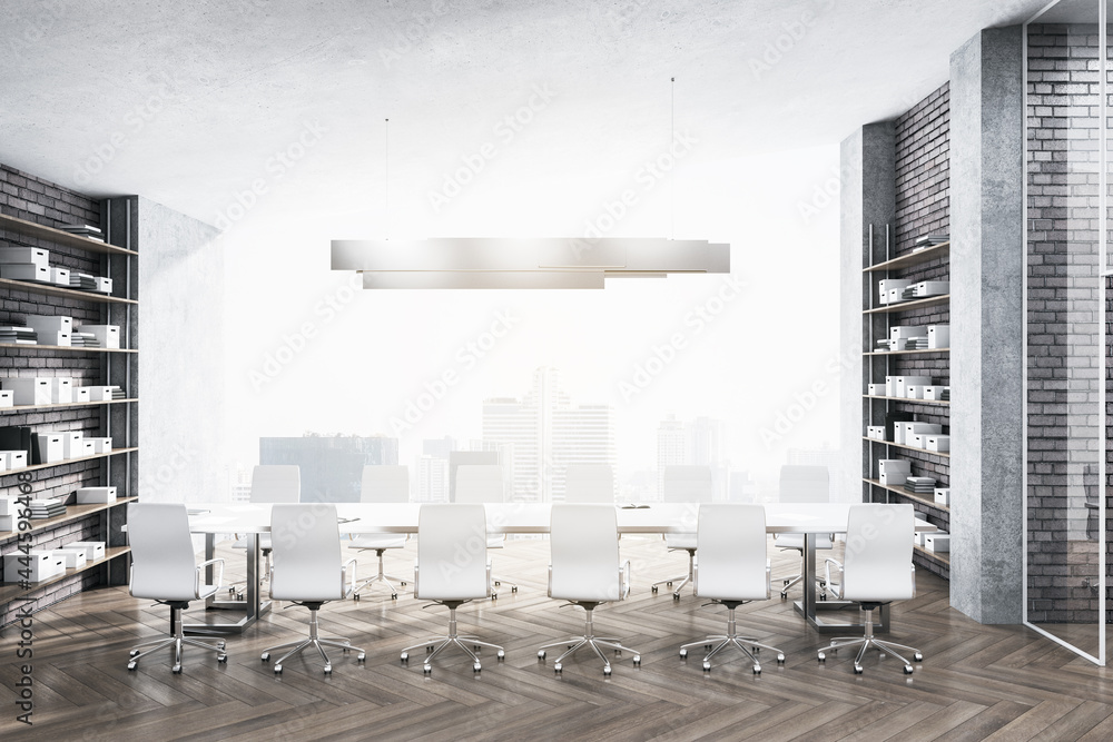 Modern brick and wooden meeting room interior with panoramic city view, daylight and furniture. 3D R