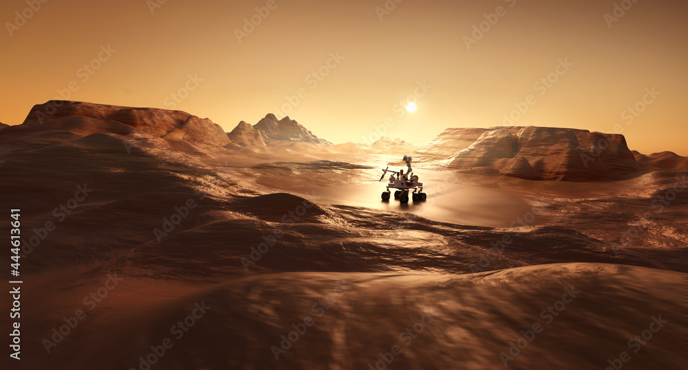 A rover on the surface of mars looking for signs of life. Science and exploration 3D illustration.