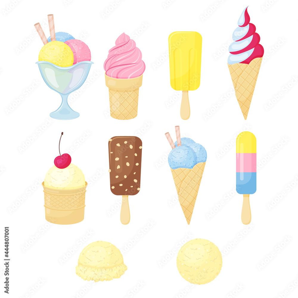 set of different ice cream. cartoon style. Vector illustration. Isolated on white.